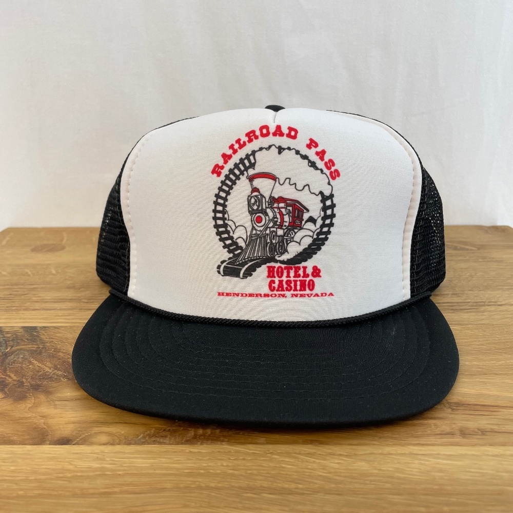 Railroad Pass Hotel & Casino Henderson Nevada Black White Trucker Hat VINTAGE
